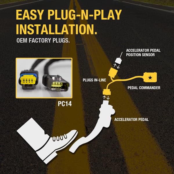 Merchant Pedal Commander PC14 has an easy plug-n-play installation between your accelerator pedal sensor and accelerator pedal