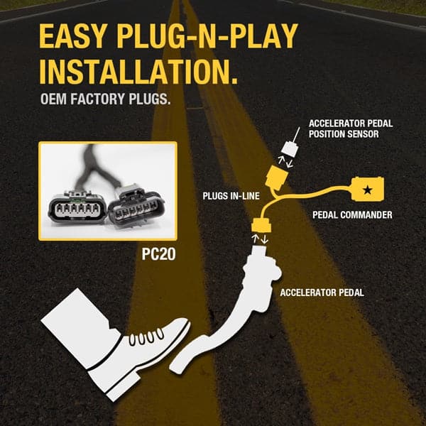 Merchant Pedal Commander PC20 has an easy plug-n-play installation between your accelerator pedal sensor and accelerator pedal